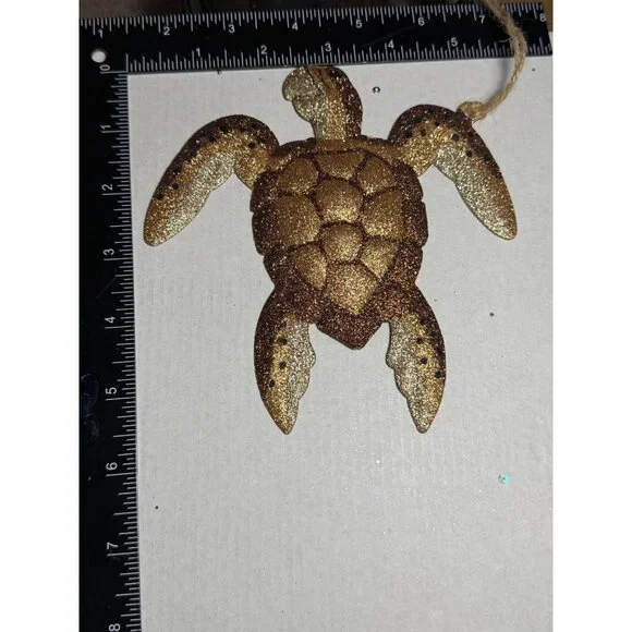 Glittery Sea Turtle Hanging Ornament 5" Gold & Brown Coastal Decor Metal - Picture 4 of 4
